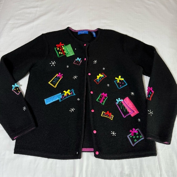 Karen Scott Sport Women’s Black Medium Wool Satin Button Cardigan Gifts Casual - Picture 1 of 8